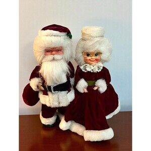 Vtg Handmade Soap Bottle Mr. & Mrs. Santa Claus Red Velvet Christmas MCM 1970s